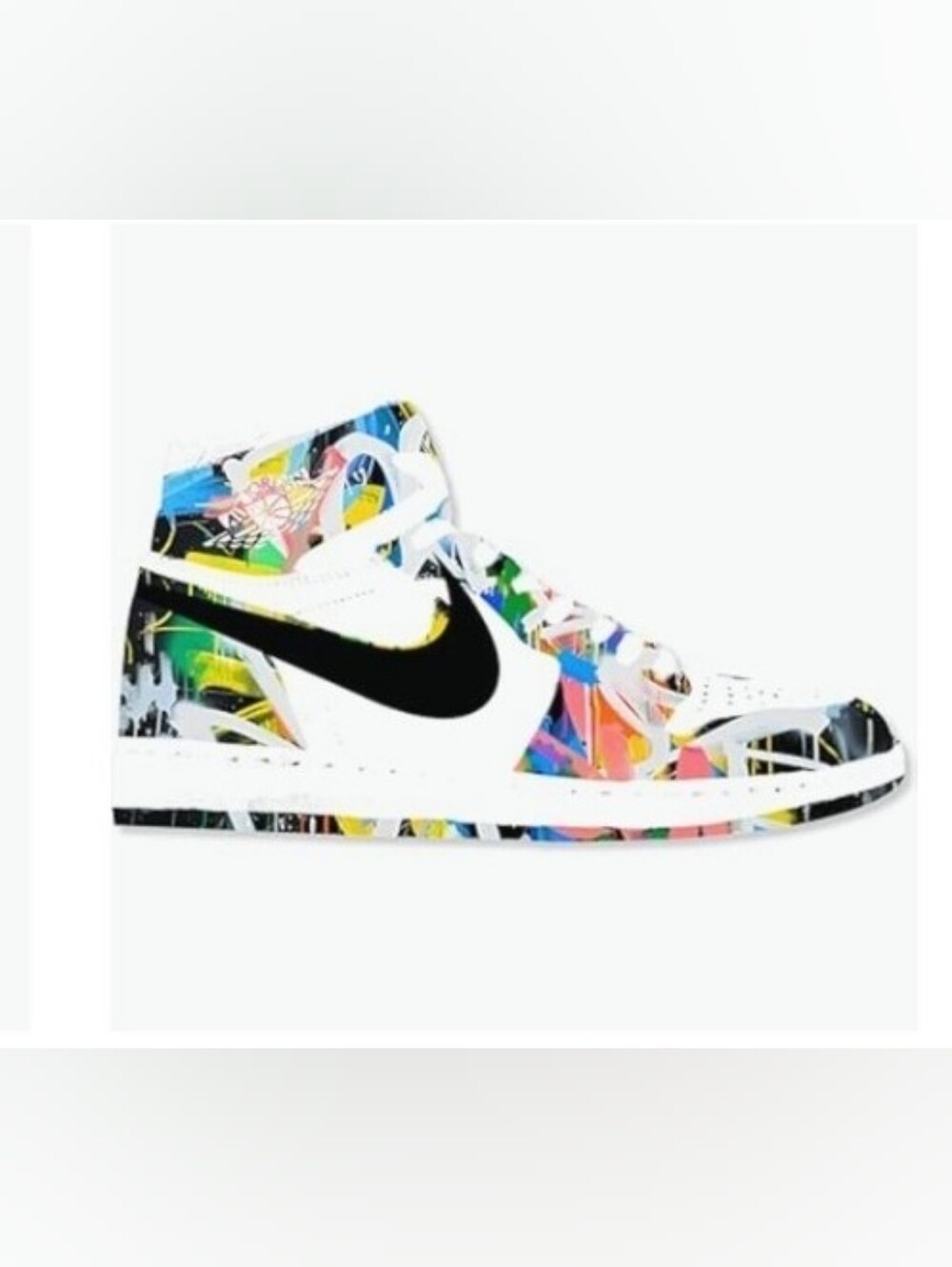 Nike White High-Top Sneaker with Black Swoosh and Multicolor Graffiti